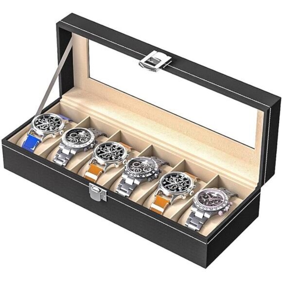 Black Leather Watch Display Box Organizer Case with Glass Lid 6 Slot Storage - Picture 7 of 7